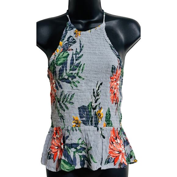 Patrons of Peace Tops - Patrons of Peace Floral Halter Top Gray Smocked Peplum Tie Back Size Medium New